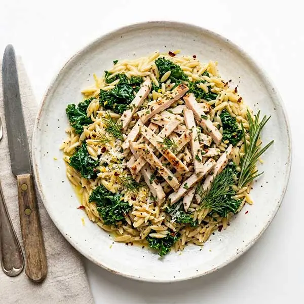 Lemon-Garlic Chicken with Kale Orzo Pasta